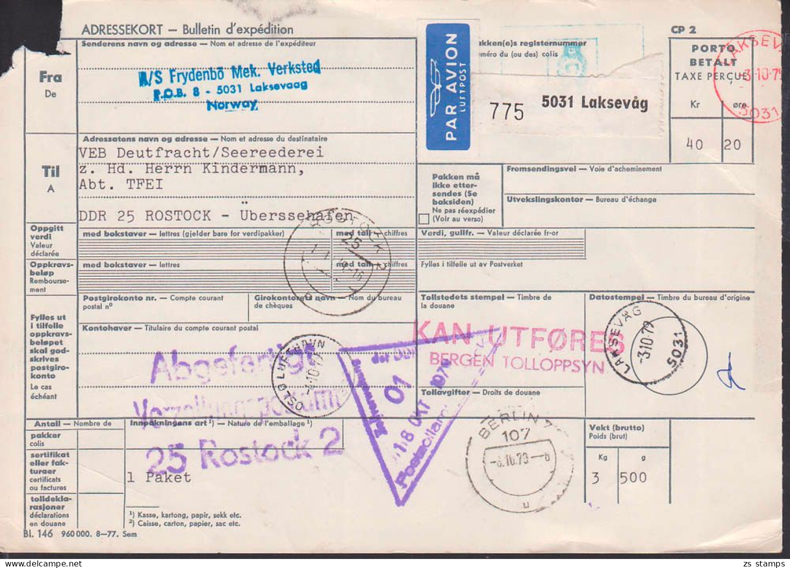 Lakseväg Bulletin D` Expedition, Card To Germany, Verzollungspostamt Rostock, 1979 - Briefe U. Dokumente