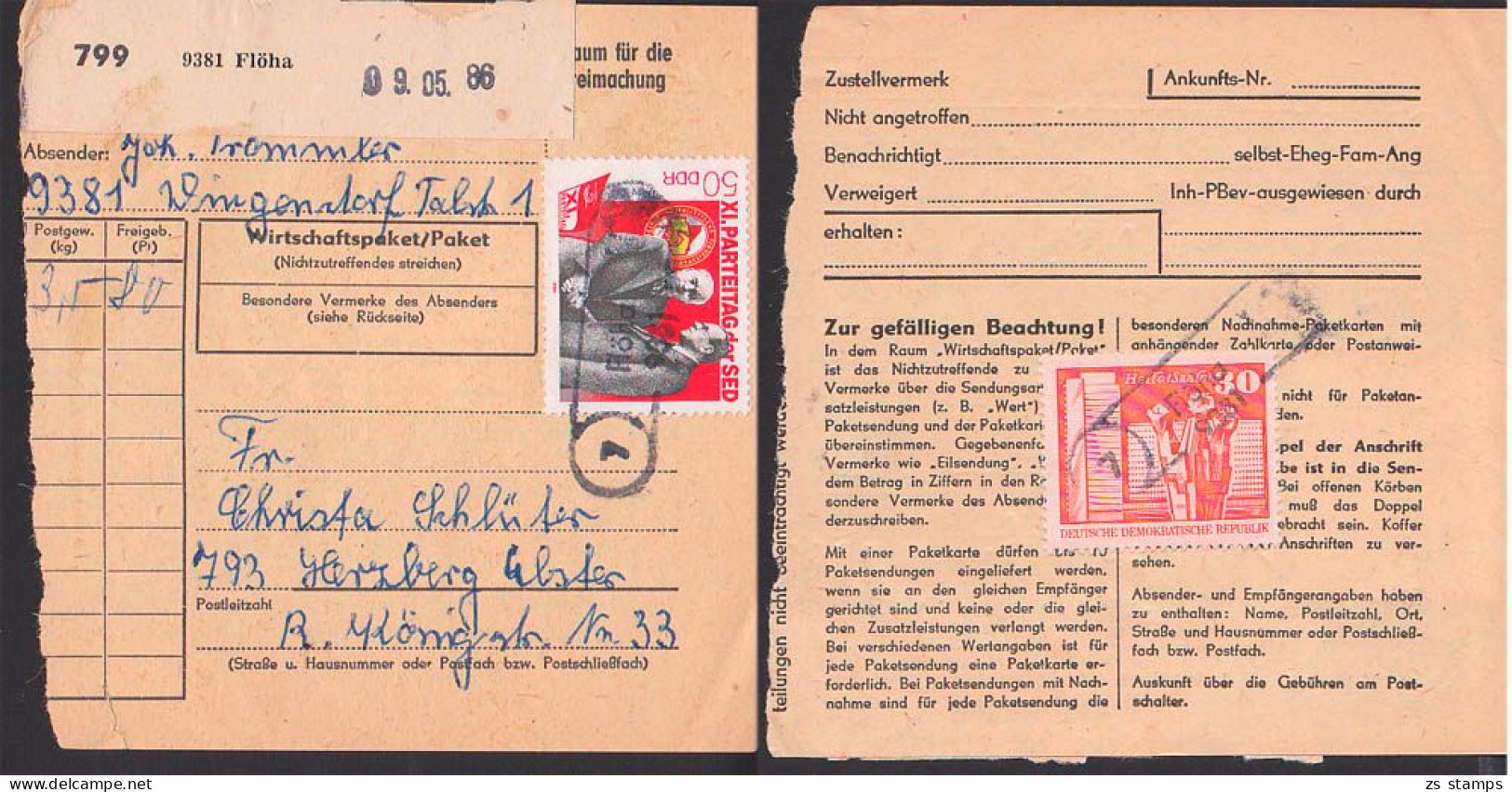 Wingendorf PSSt. (7)  Flöha Paketkarte  50 Pfg- XI. Parteitag Der SED - Lettres & Documents