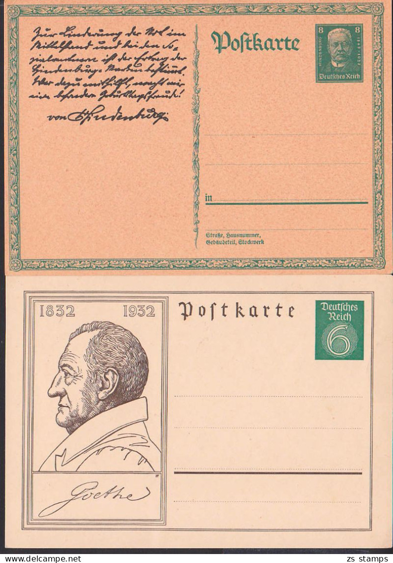 Hindenburg, J. V. Goethe Zwei Ungebrauchte Ganzsachen - Postkarten