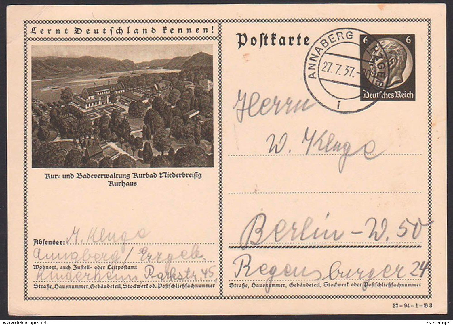 Niederbreisig Kurbad 6 Pf A Hindenburg Card Bildpostkarte, P 236 37-94-1-B3 - Tarjetas