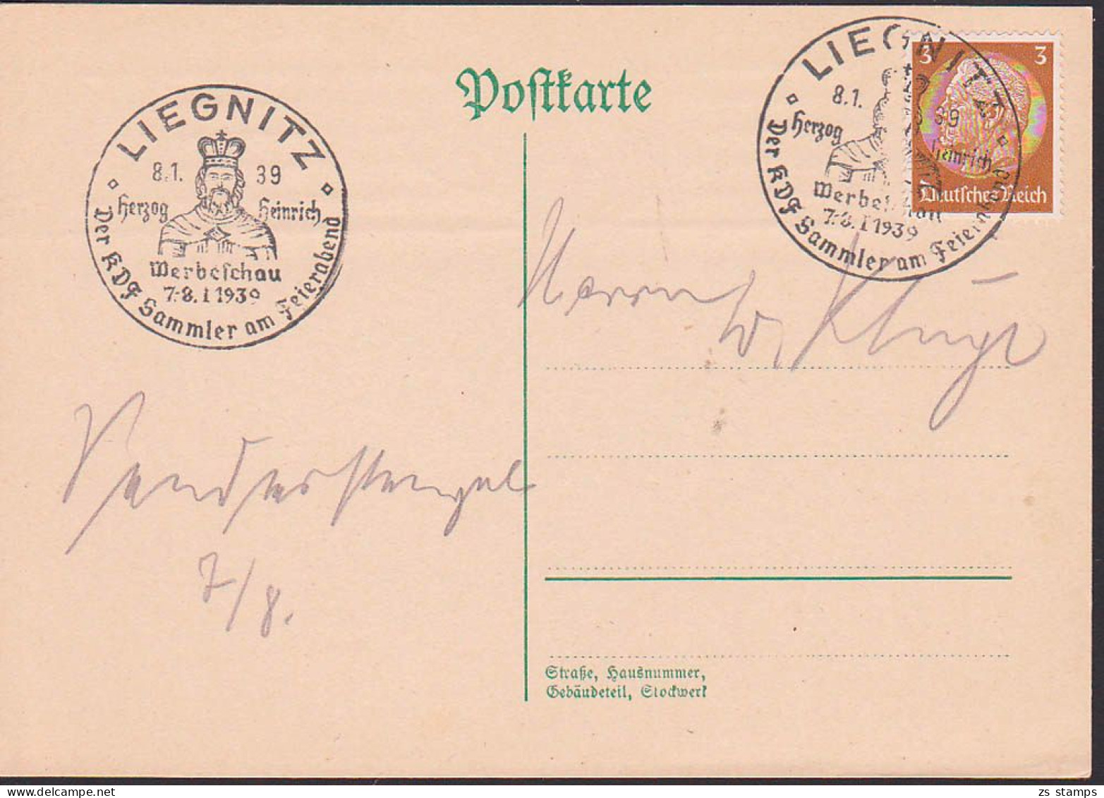 Germany Deutsches Reich Liegnitz Herzog Heinrich 8.1.39 3 Pfg Hindenburg, Werbeschau - Maschinenstempel (EMA)