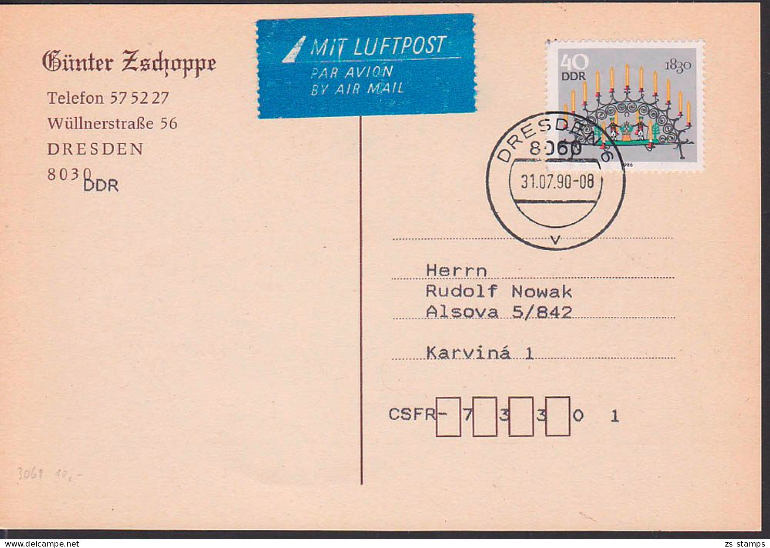 Schwibbogen 40 Pfg. Aus Kleinbogen Lp-Auslandskarte DDR 3061 - Storia Postale