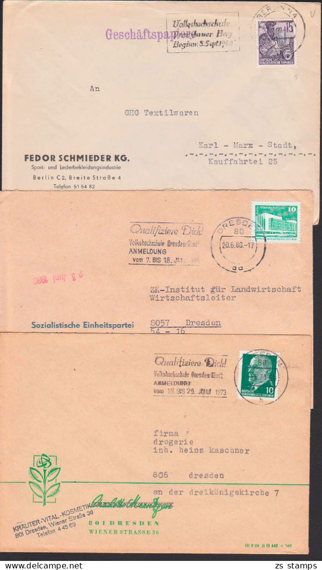 Qualifizierung 3 MWSt. Volkshochschule Prenzlauer Berg, Dresden-Stadt 1973, 1980  - Maschinenstempel (EMA)