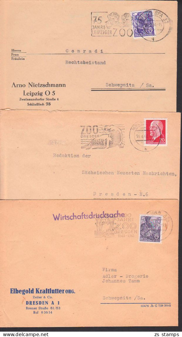 ZOO Pelikan, Robbe 3 MWSt. Dresden 1861 - 1961 Und Meissen, Leipzig 75 Jahre Leipziger Zoo  Mit Löwenkinder - Máquinas Franqueo (EMA)