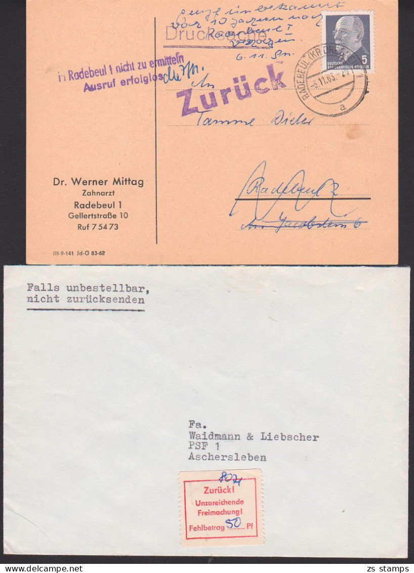 Radebeul Drucksache 5.11.63 Mit "zurück" Und Z2 In Radebeul Nicht Zu Ermitteln / Ausruf Erfolglos, Aufkleber Fehlbetrag - Briefe U. Dokumente