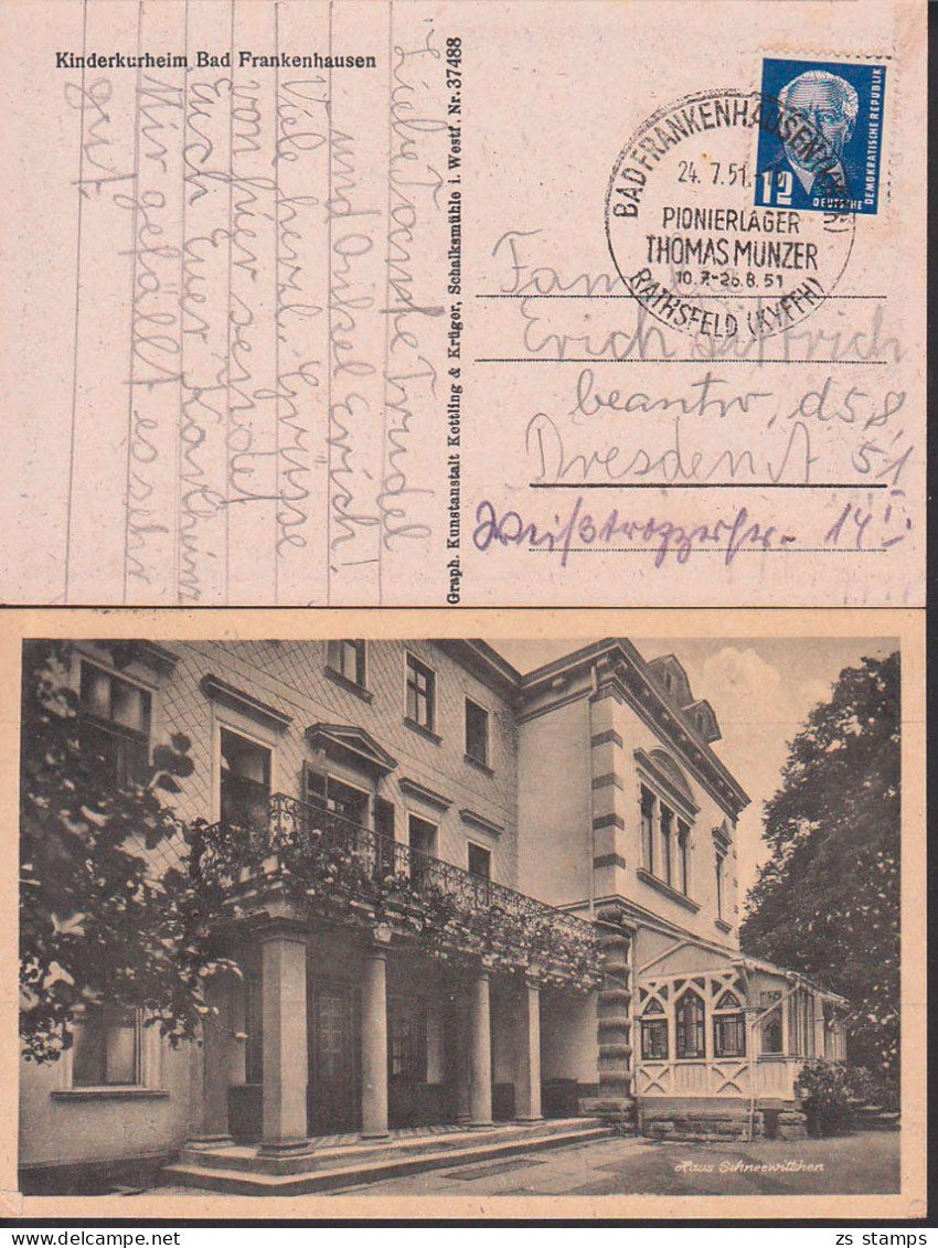 Bad Frankenhausen Rathsfeld (Kyffh) SSt. Pionierlager Thomas Müntzer  24.7.51 Auf Ak Kulturheim, Haus Schneewitchen - Máquinas Franqueo (EMA)
