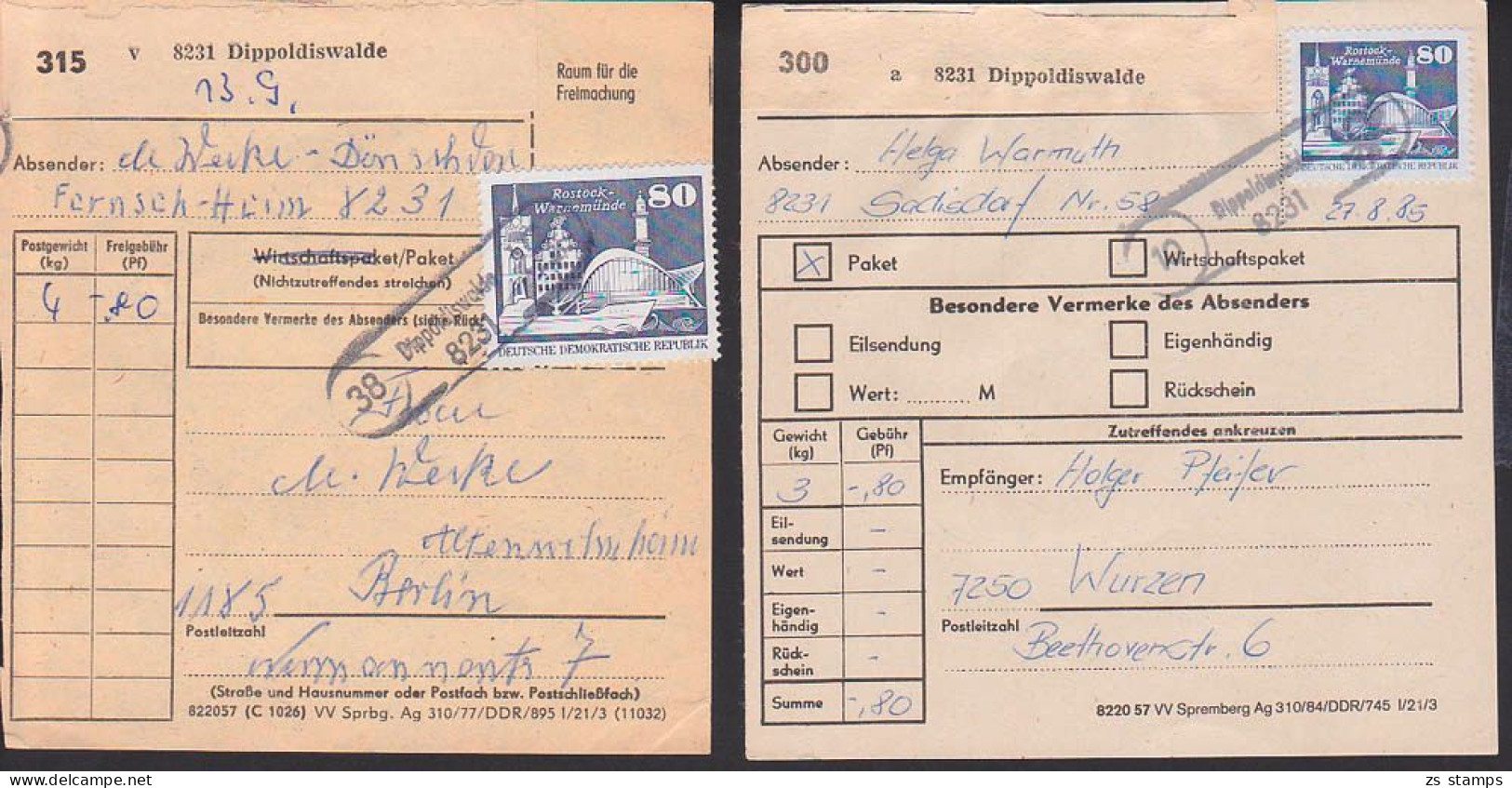 Rostock-Warnemünde 80 Pfg Gr. Und Kleines Format Auf Pkt-Karte PSSt. (10) Sadisdorf, (38) Dönschden Dippoldiswalde - Storia Postale