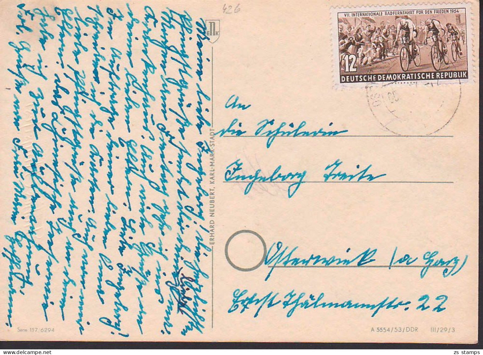 Friedensfahrt 12 Pfg. Radfernfahrt 1954 DDR 426 Auf Glückwunschkarte - Briefe U. Dokumente