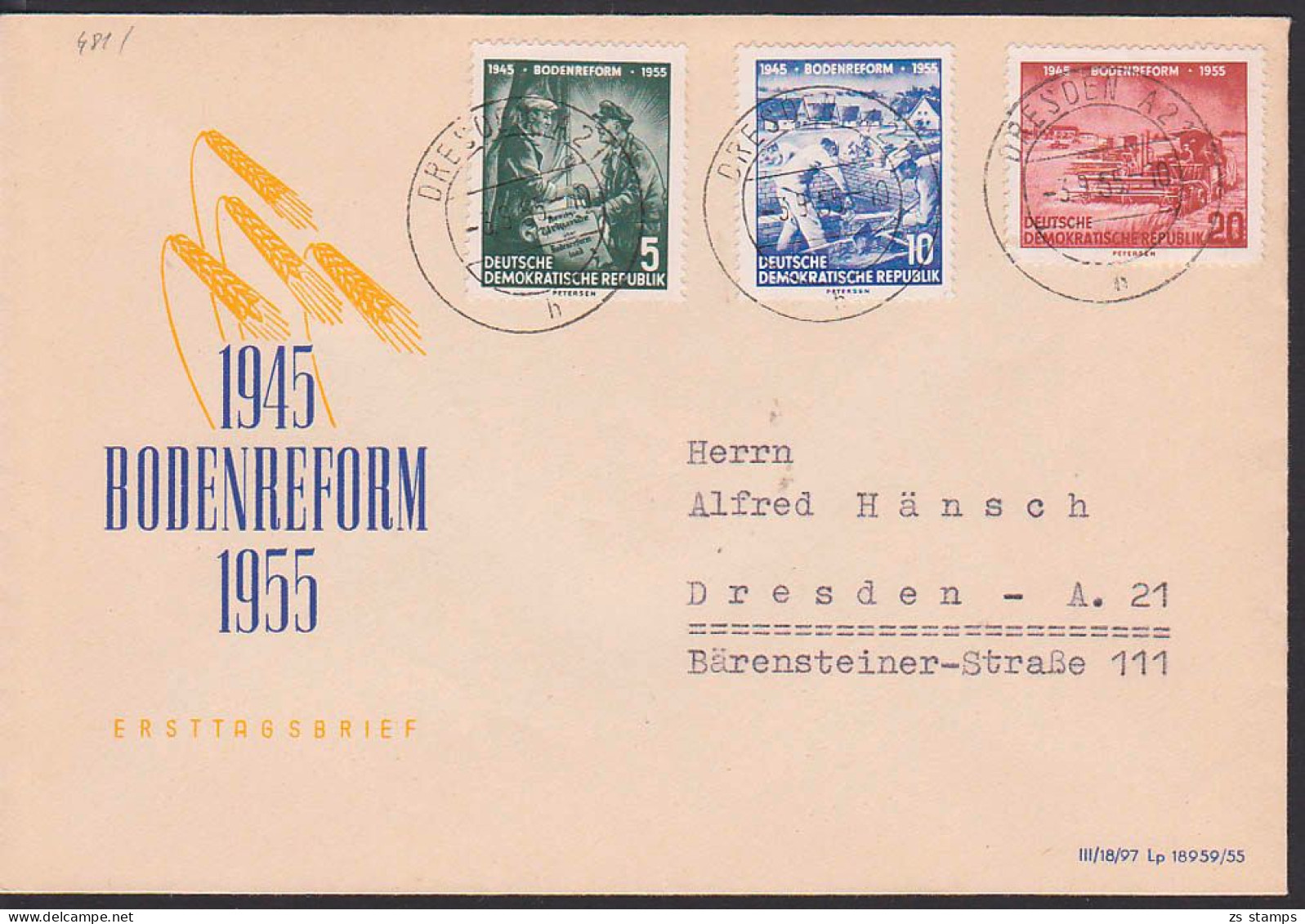 Germany Bodenreform 10 Jahre 1955 DDR 481/3 FDC Bauer Landwirt Mähdrescher Neubauern, OSt. Dresden - 1950-1970