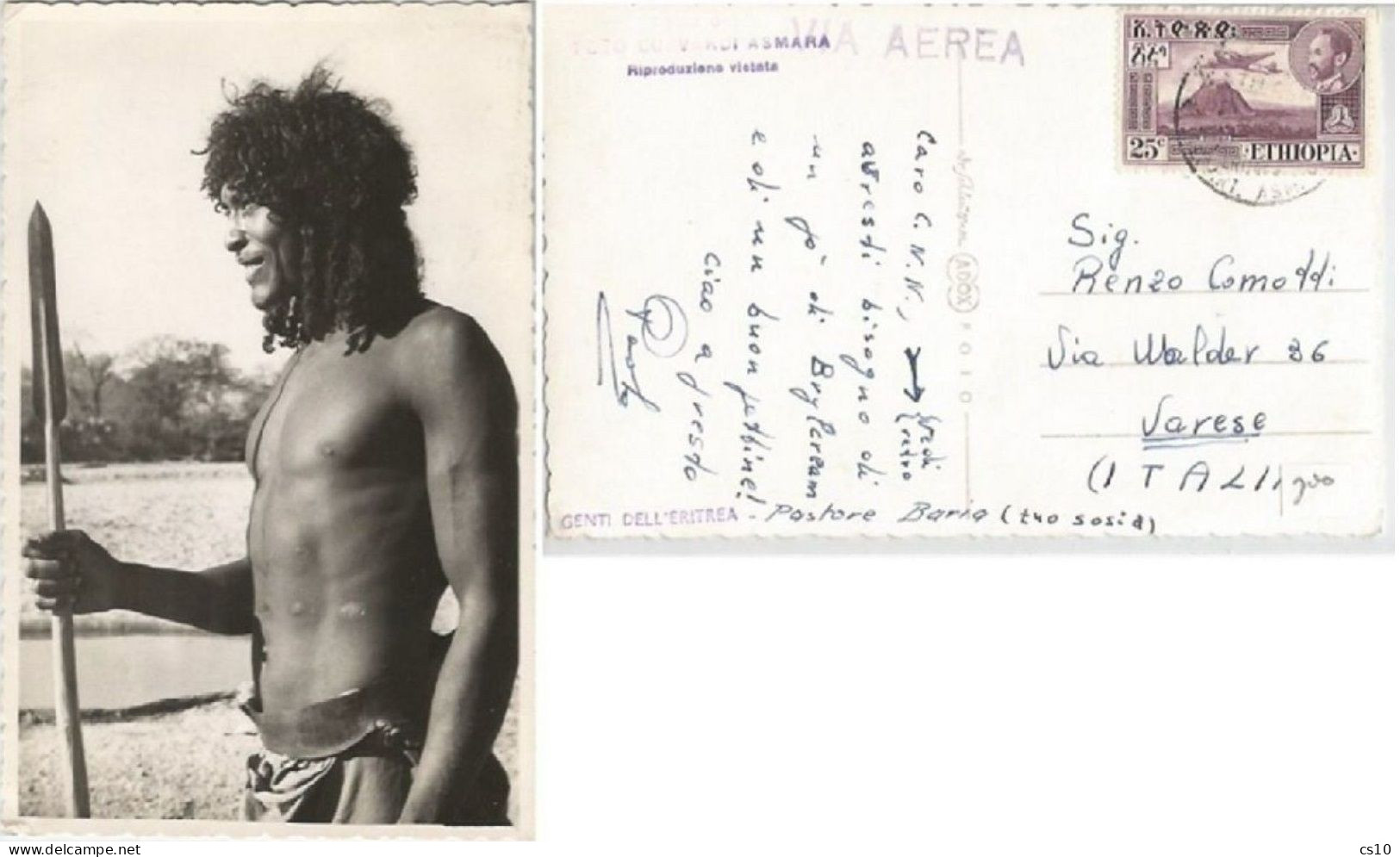 Eritrea Ethnical Group "Baria" - Sheperd/Warrior B/w Pcard Asmara 1955 To Italy - Erythrée