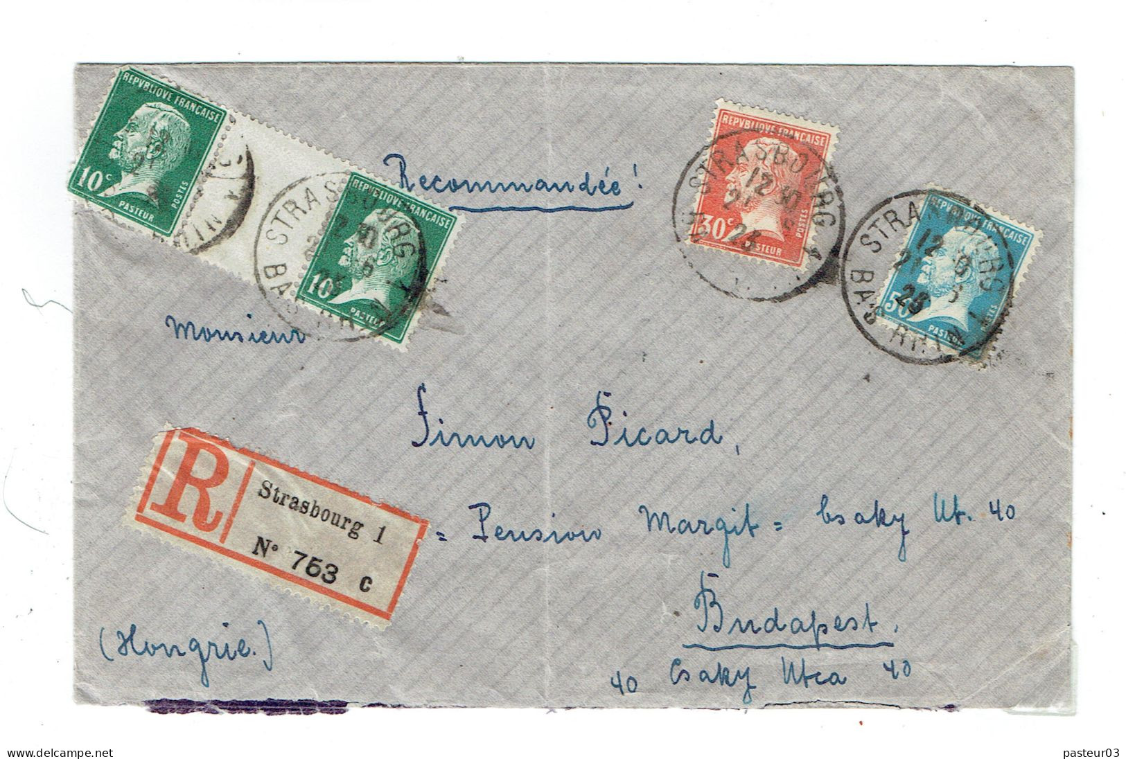 Tarifs Postaux Etranger Du 01-04-1921 (12) Pasteur N° 176 50 C. + Pasteur N° 173 30 C. + Pasteur N° 170 10 C. X 2 Lettre - 1922-26 Pasteur