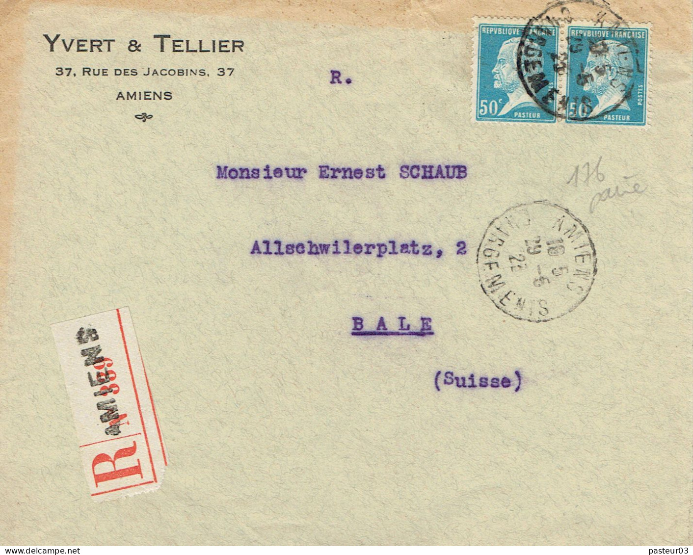 Tarifs Postaux Etranger Du 01-04-1921 (12) Pasteur N° 176 50 C. X 2  Lettre Recommandée 1er Ech  Cachet Amiens Chargemen - 1922-26 Pasteur