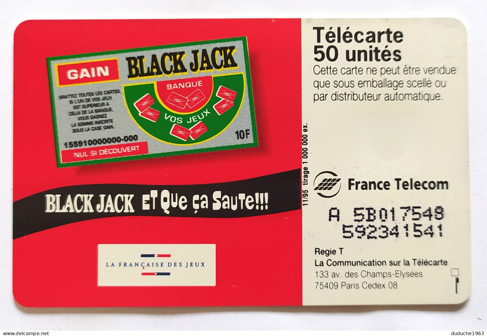 Télécarte France - Française Des Jeux - Black Jack - Sin Clasificación