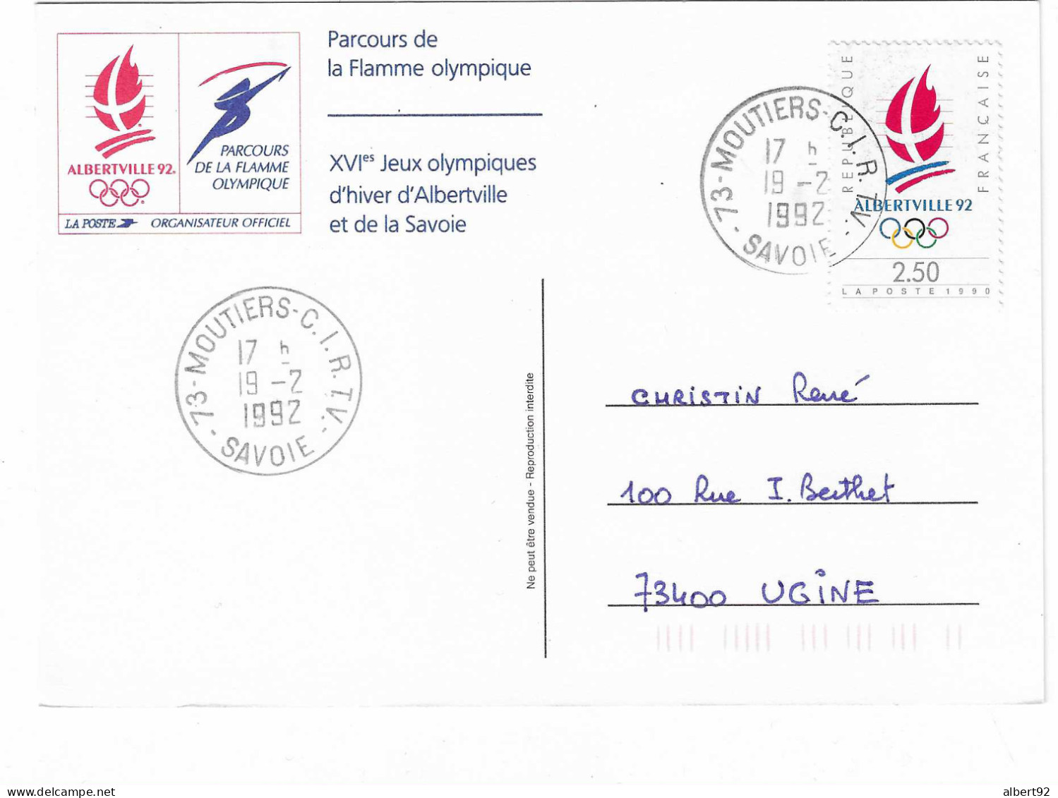 1992 Jeux Olympiques D' Hiver Albertville 1992: Centre International Radio TéléVision Moutiers: Cachet De Service CIRTV - Hiver 1992: Albertville