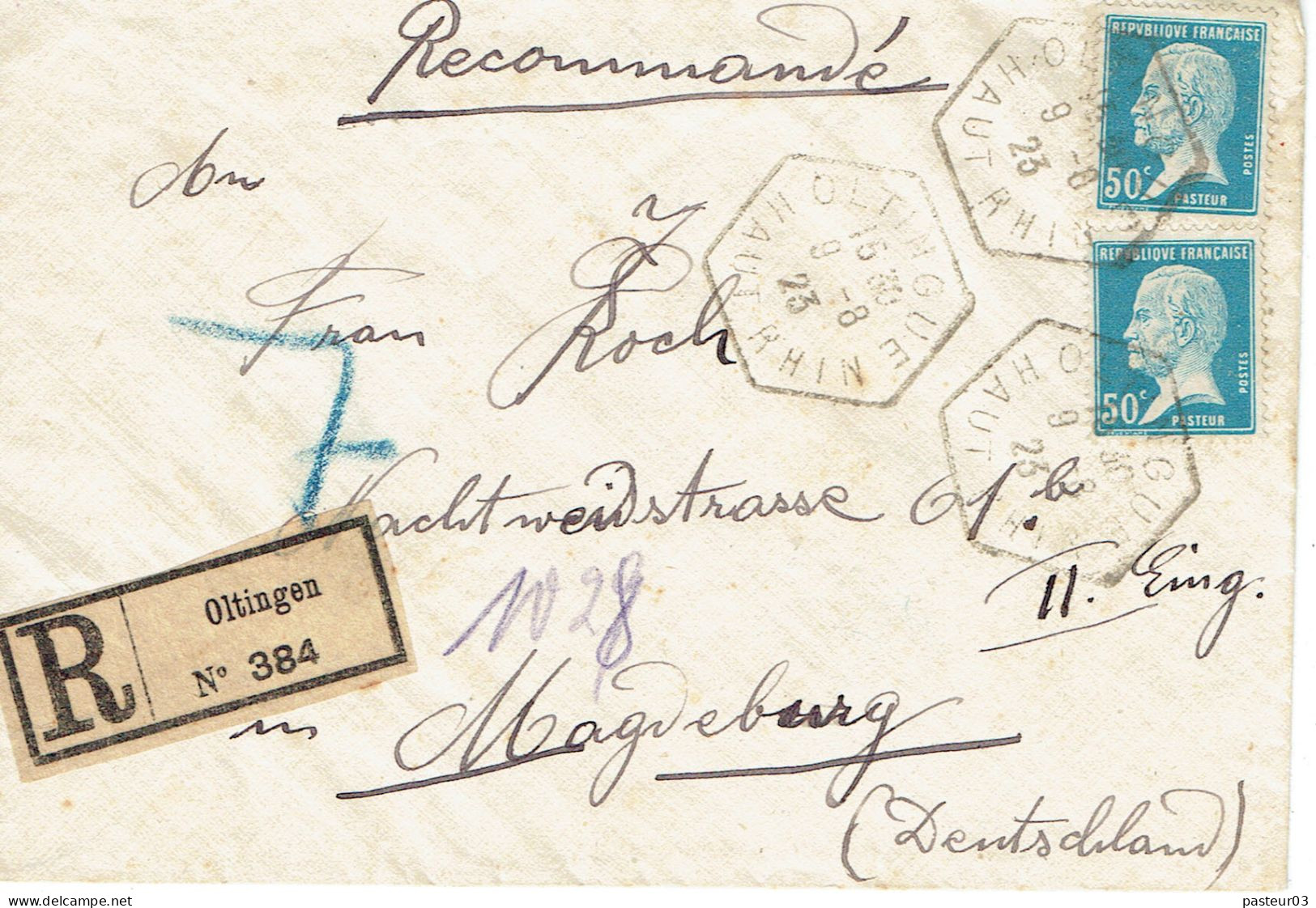 Tarifs Postaux Etranger Du 01-04-1921 (14) Pasteur N° 176  50 C. X 2 Lettre Recommandée 1er Ech Cachet Recette Alsace Lo - 1922-26 Pasteur