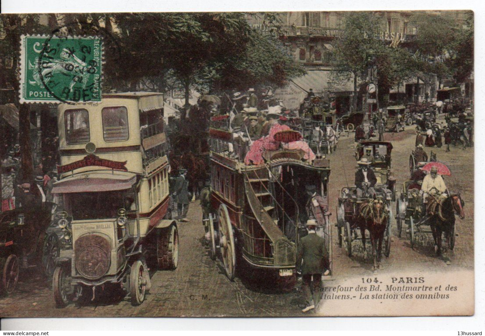 Carte Postale Ancienne Paris - Carrefour Des Bd. Montmartre Et Des Italiens. La Station Des Omnibus - Autobus - District 02