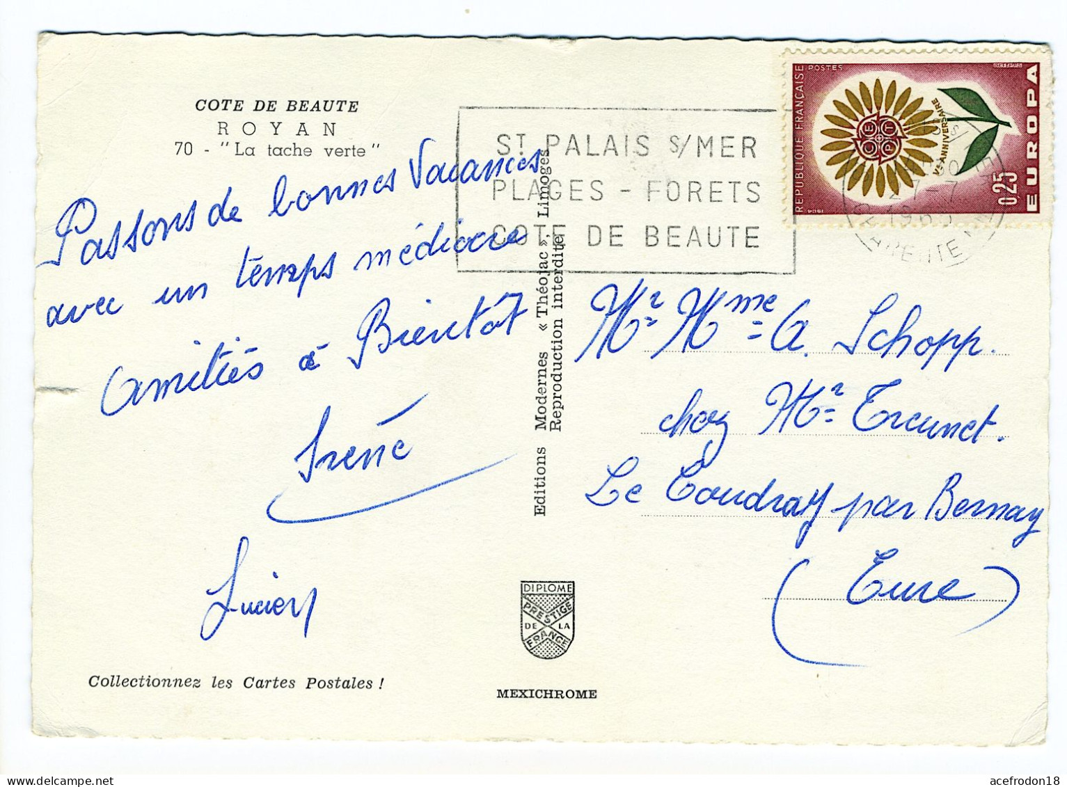 CP Postée De Saint-Palais-sur-Mer Pour Le Coudray (Eure) - Timbre 0,25f Europa 1965 - Usados