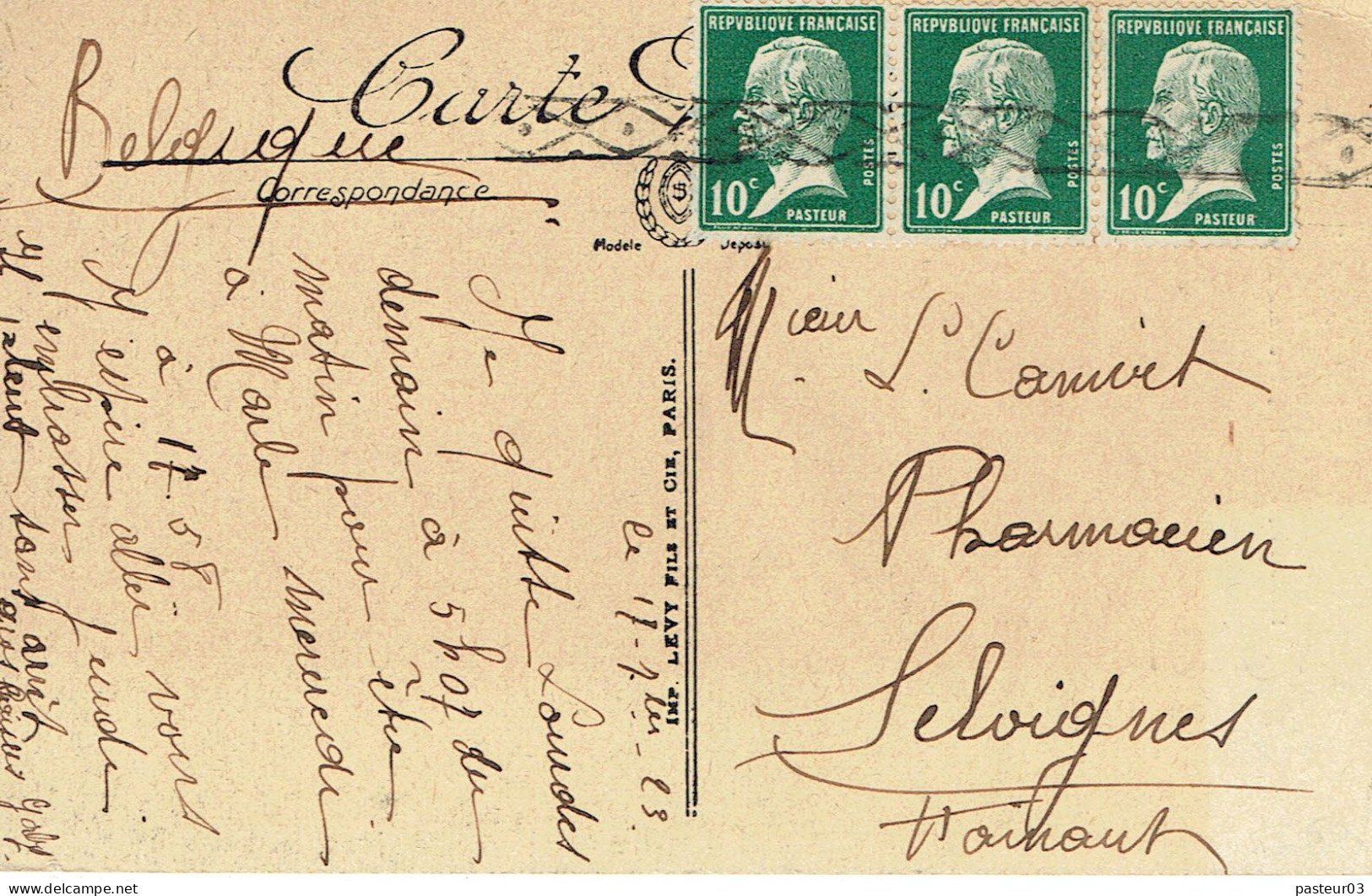 Tarifs Postaux Etranger Du 01-04-1921 (27) Pasteur 10 C. X 3 Carte Postale Etranger Annulatio Roulette Belge 17-07-1923 - 1922-26 Pasteur
