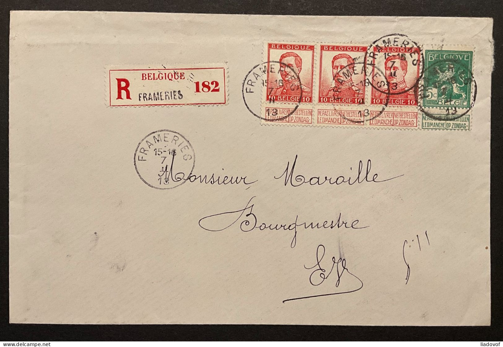 Lettre Recommandé Affr. OBP 110 + 118 (x3) - 35c - FRAMERIES - 1912 Pellens