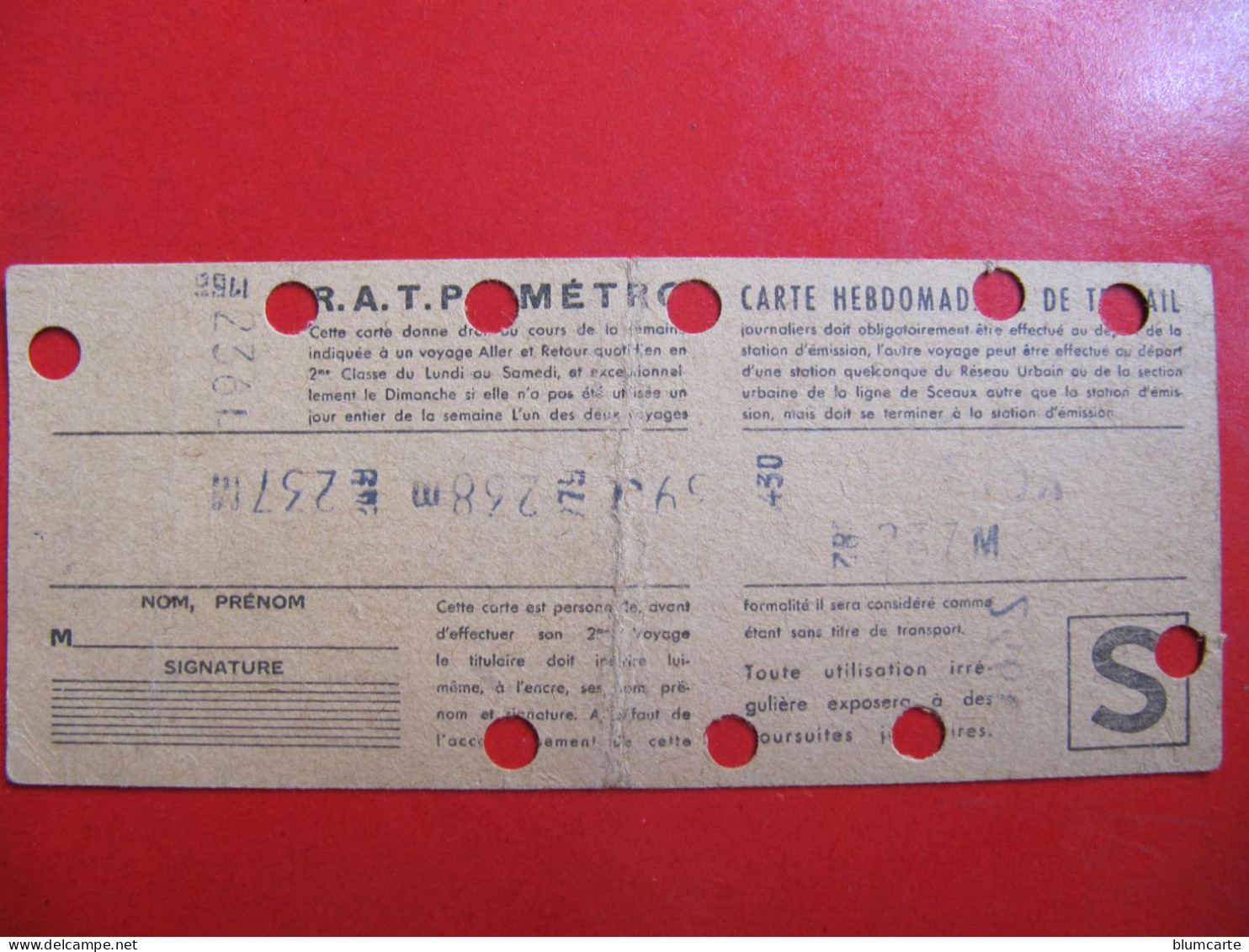 R.A.T.P. - METRO - CARTE HEBDOMADAIRE DE TRAVAIL - Format : 13,5 X 5,5 Cm - Europa