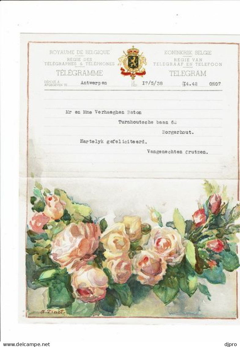 Télégramme Illustré.Belgique.Telegram.Illustrateur A.Tinbt.bouquet De Roses.  1938 - Télégrammes