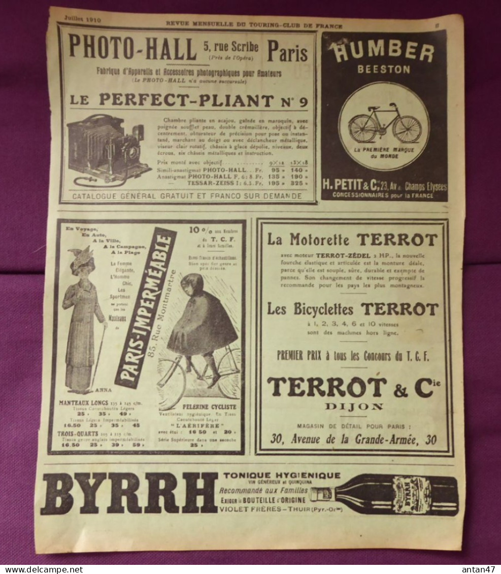 Pub TOURING CLUB 1910 / Vélo HUMBER TERROT DE DION BOUTON TRIUMP LA FRANCAISE/ Photo-Hall / BYRRH - Reclame