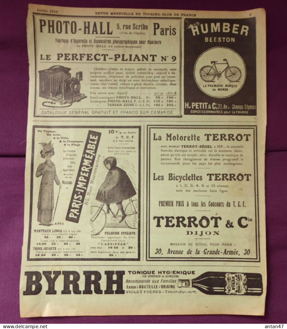 Pub TOURING CLUB 1910 / Vélo HUMBER TERROT DE DION BOUTON TRIUMP LA FRANCAISE/ Photo-Hall / BYRRH - Werbung
