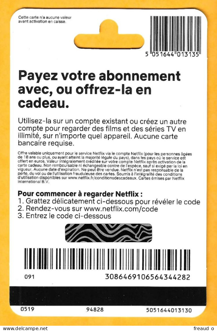 Carte Cadeau NETFLIX 25€ - 0519 - - Cartes Cadeaux