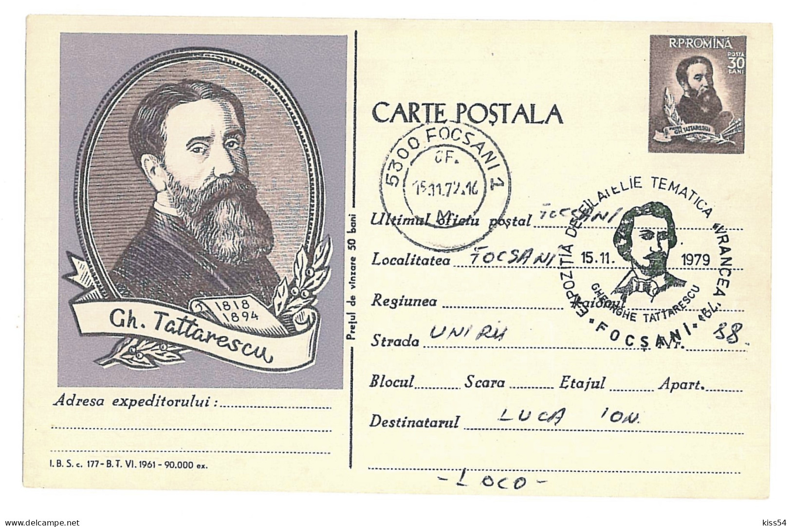 IP 61 - 0177f Painter Gheorghe TATTARESCU - Stationery - Used - 1961 - Postal Stationery
