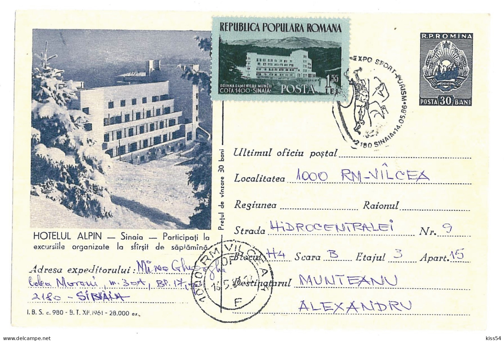 IP 61 - 0980d SINAIA, Hotel Alpin, Romania - Stationery - Used - 1961 - Enteros Postales