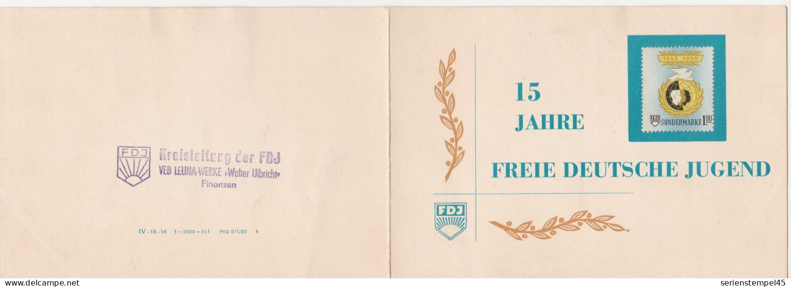 DDR 15 Jahre Freie Deutsche Jugend 1945 - 1960 Sondermarke 1 M 3 Marken FDJ Klappkarte - Briefe U. Dokumente