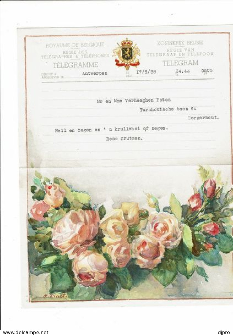 Télégramme Illustré.Belgique.Telegram.Illustrateur A.Tinbt.bouquet De Roses.  1938 - Telegramme