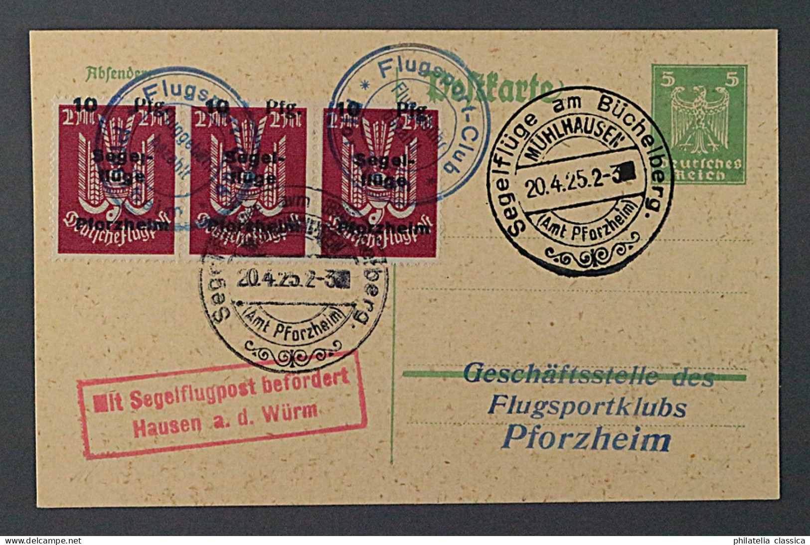 Flugmarke 13 E, Segelflüge Büchelberg 1924, Dreierstreifen Auf Brief, KW 210,- € - Emissioni D'emergenza Zona Britannica
