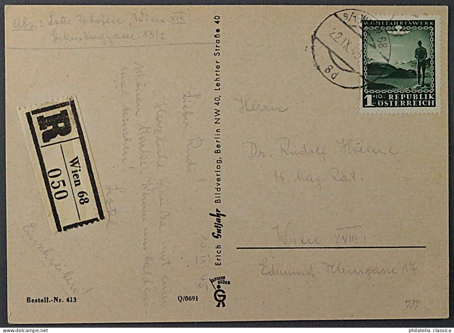 Österreich  720, Wohlfahrt 1945, 1 RM Auf R-Postkarte WIEN, SELTEN ! KW 350,- € - Brieven En Documenten