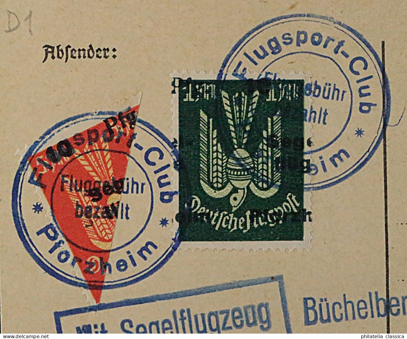 Flugmarke 14 A, Büchelberg 5 Mk. HALBIERUNG+FEHLDRUCK Auf Karte *BREMEN*, SELTEN - Nooduitgaven Britse Zone