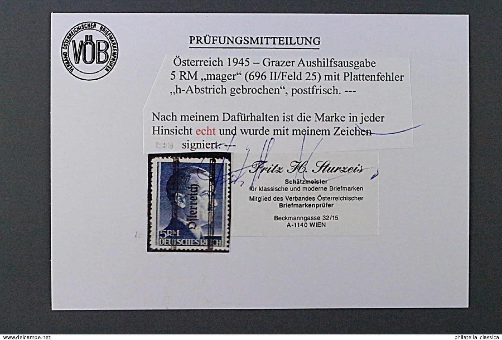 Österreich  696 II PF III **  Hitler 5 RM  PLATTENFEHLER, Fotobefund, KW 700,- € - Nuovi