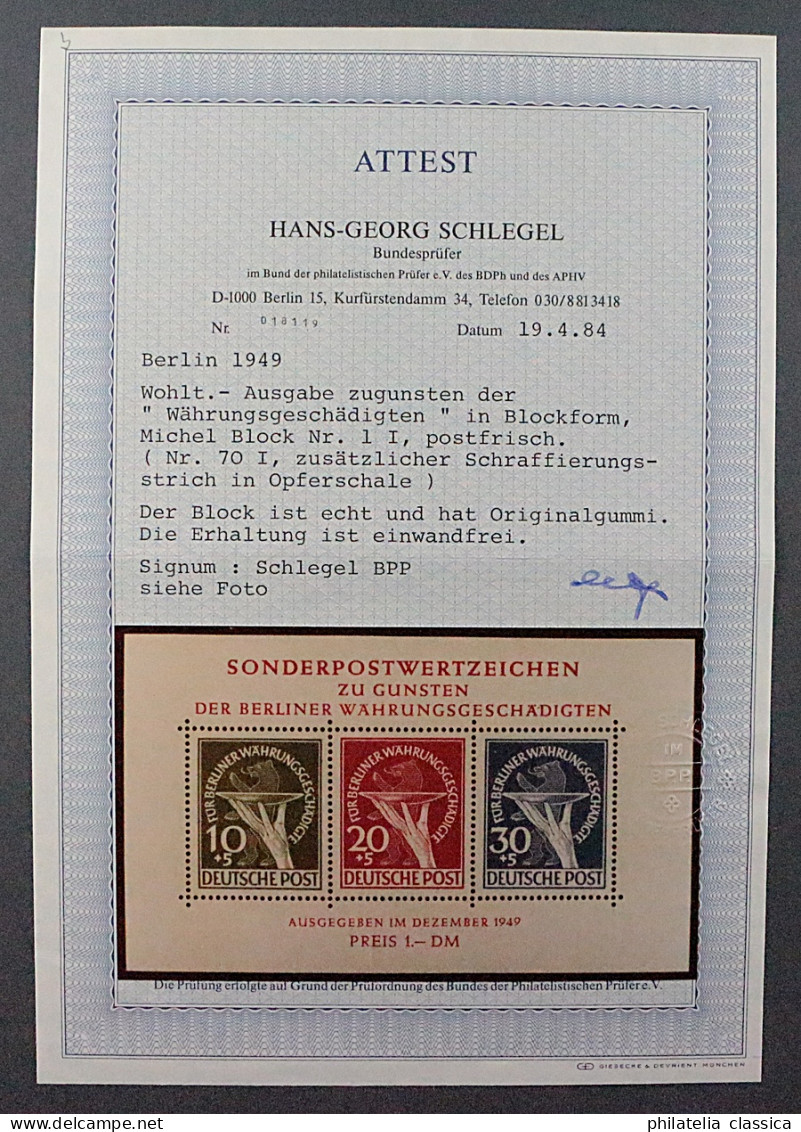 BERLIN  Bl. 1 II ** Währungs-Block, 2 PLATTENFEHLER, Fotoattest BPP, KW 2500,- € - Ungebraucht