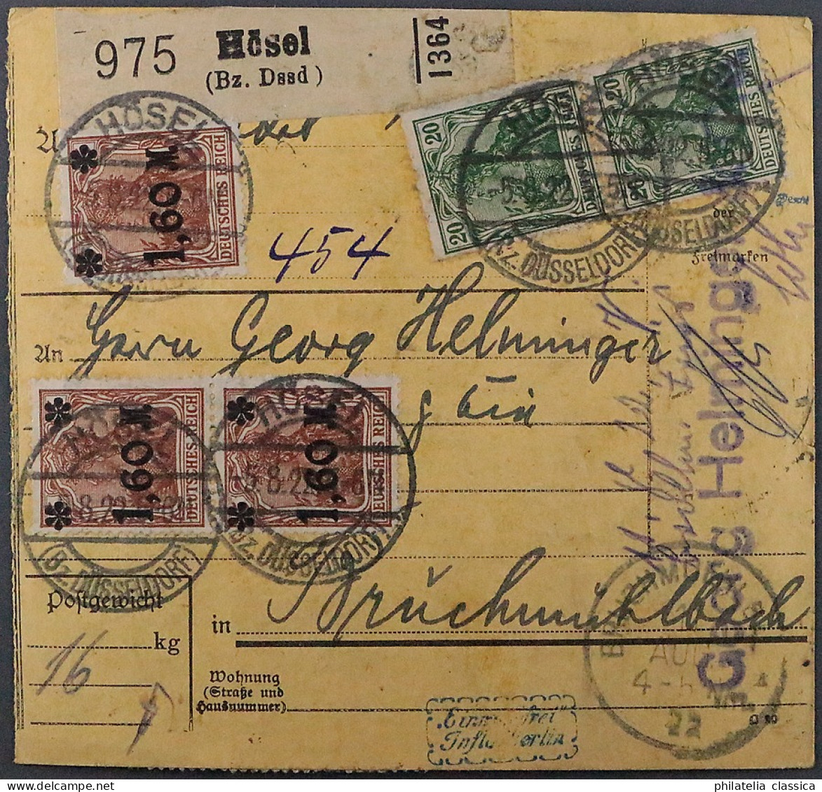 Dt. Reich  154 I PFIV, Germania PLATTENFEHLER Auf Paketkarte, Geprüft KW 800,- € - Lettres & Documents