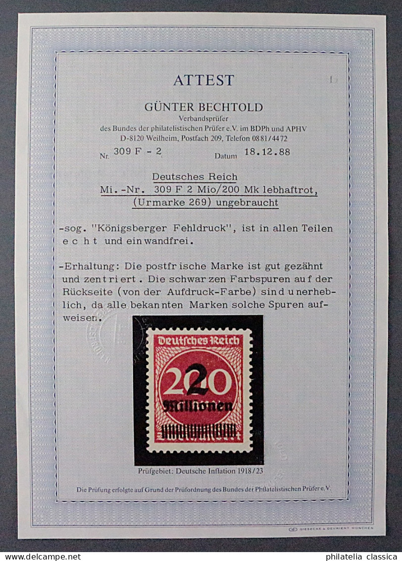Dt. Reich 309 A P F ** FEHLDRUCK KÖNIGSBERG, Postfrisch, Fotoattest KW 5000,- € - Ungebraucht