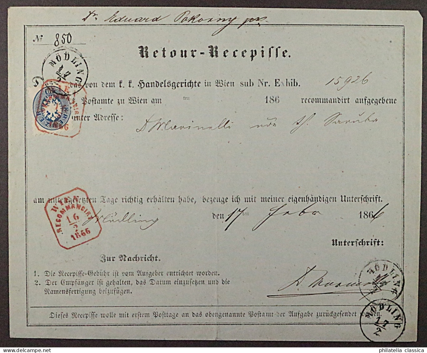 Österreich  33, RETOURRECEPISSE Mit 10 Kr. Idealer Roter Stempel, KW 400,- € ++ - Briefe U. Dokumente