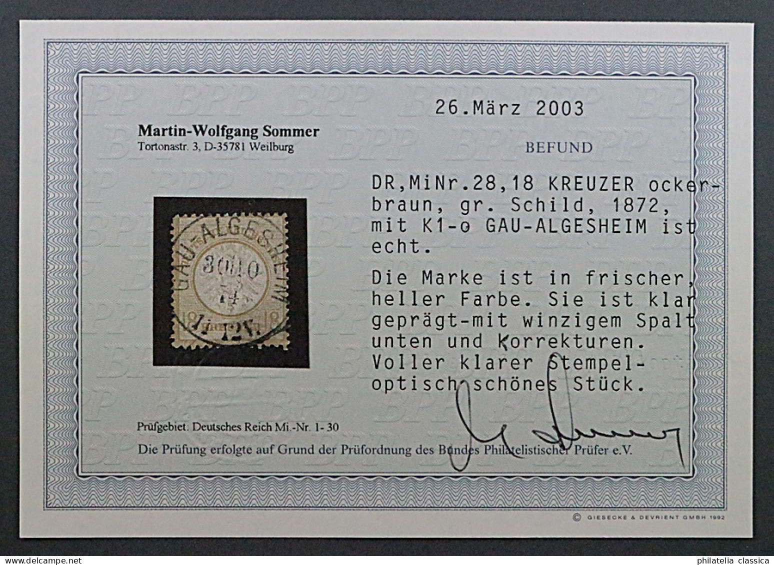 Deutsches Reich 28, 18 Kr. Großer Schild, Idealer Stempel, Geprüft BPP, 2800,-€ - Usati
