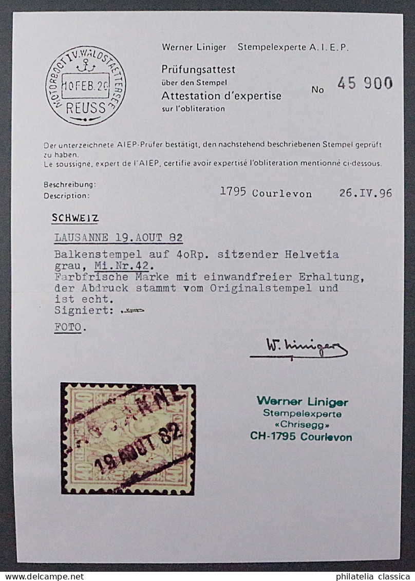 Schweiz  42,  Helvetia 40 Rp. FASERPAPIER, Gestempelt, Fotoattest, KW 4200,- € - Oblitérés