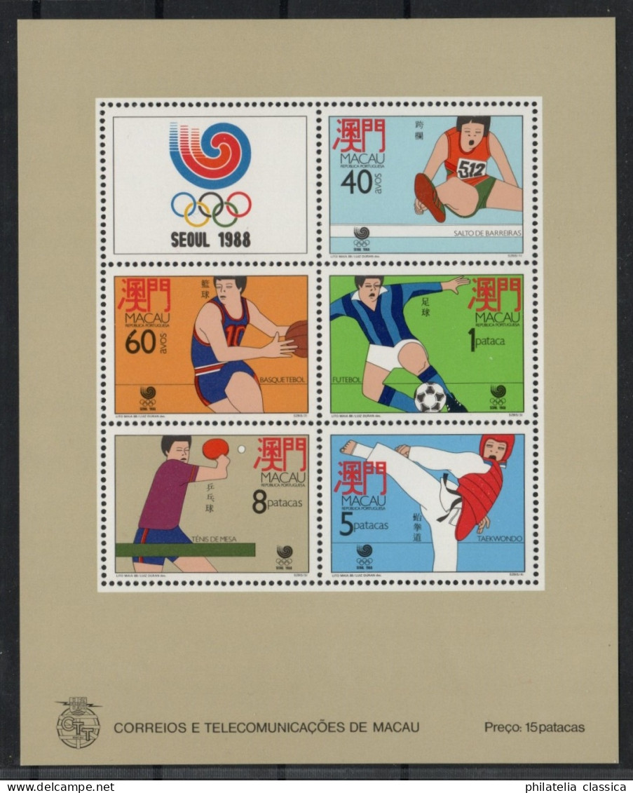 1988 MACAU / MACAO Bl. 9 ** Block Olympiade SEOUL, Einwandfrei Postfrisch, 90,-€ - Nuovi