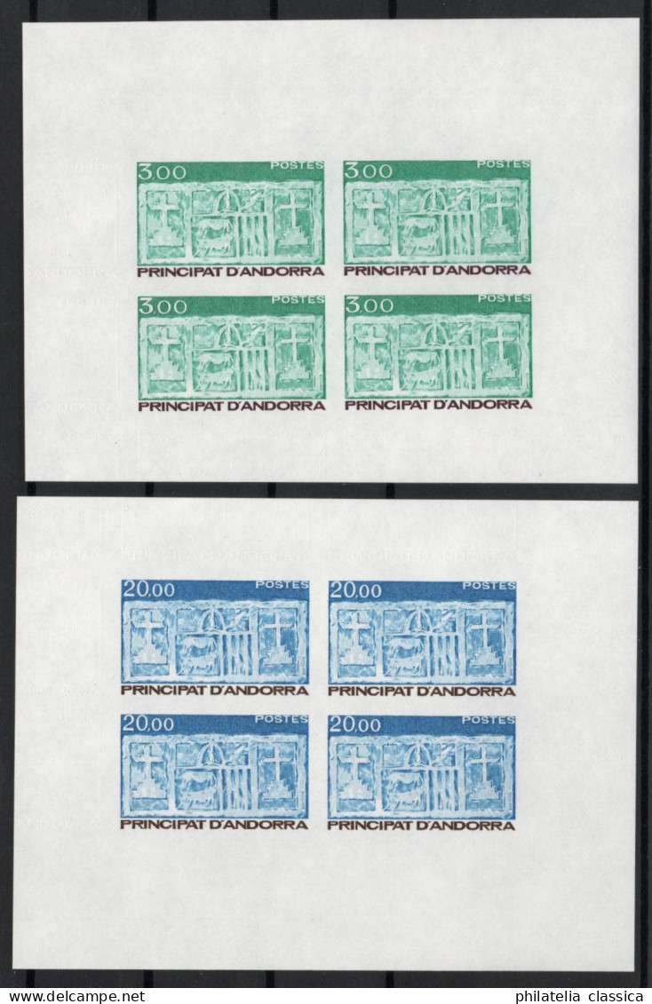 ANDORRA Französisch 356-57 U Vierer-Bogen, Relief 3 + 20 Fr. UNGEZÄHNT, Selten - Unused Stamps