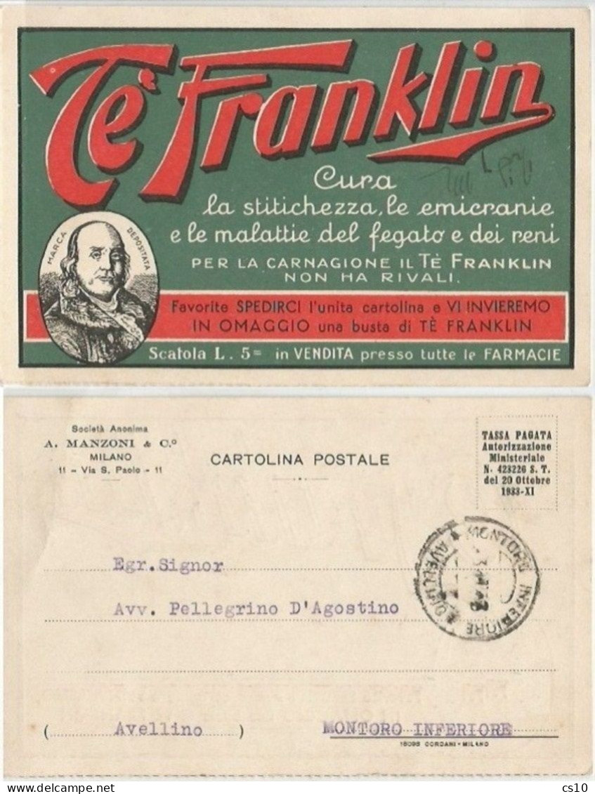 Franklin Té The Tea - Nice Figurated Prepaid ADV Card Milano To Avellino 3feb1934 - Other & Unclassified