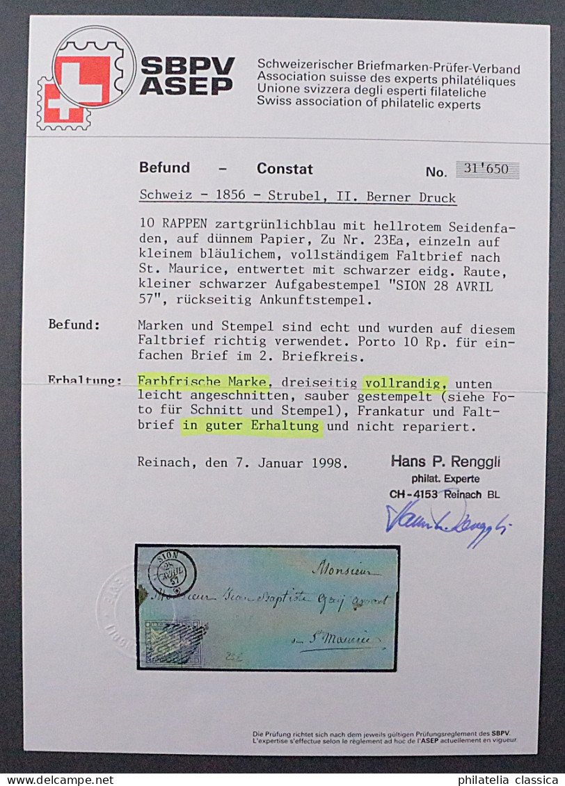 SCHWEIZ 14 II Bzo, (SBK 23 E), 10 Rp.Seidenpapier Auf Brief, Fotoattest 700,-€ - Lettres & Documents