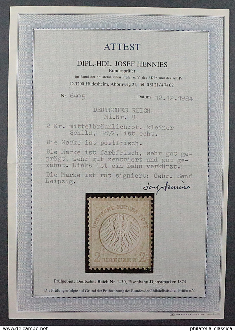 Deutsches Reich 8 ** 2 Kr. Kleiner Schild, POSTFRISCH, Fotoattest BPP, 6500,-€ - Nuovi