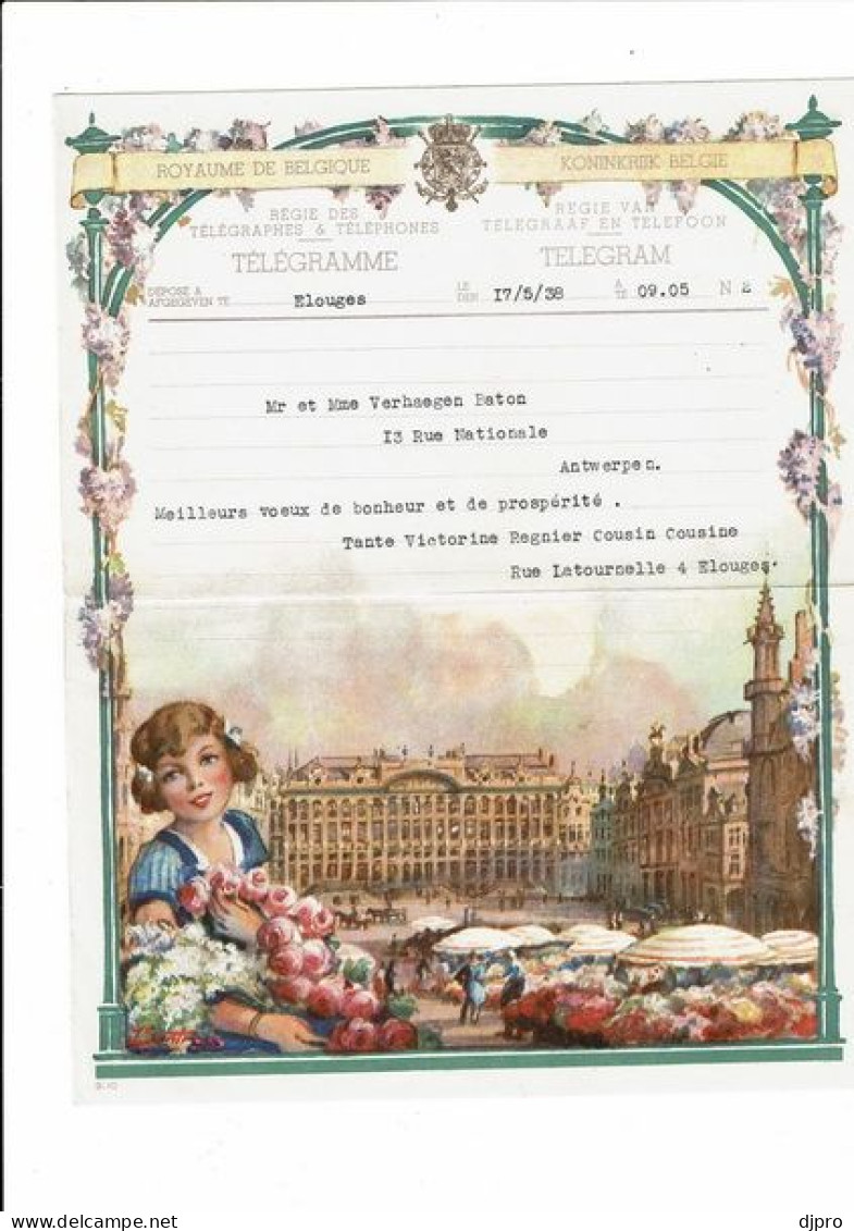 Télégramme Illustré.Belgique.Telegram.Illustrateur  J BXL Marché Fleurs 1938 - Telegramas