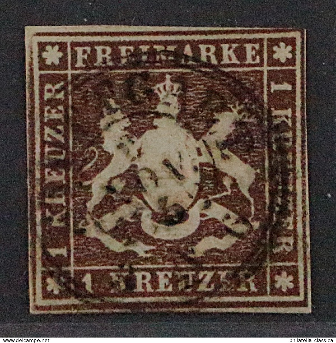 1857, WÜRTTEMBERG 6 D, 1 Kr. Tiefdunkelbraun, Sauber Gestempelt, Geprüft 800,-€ - Usati