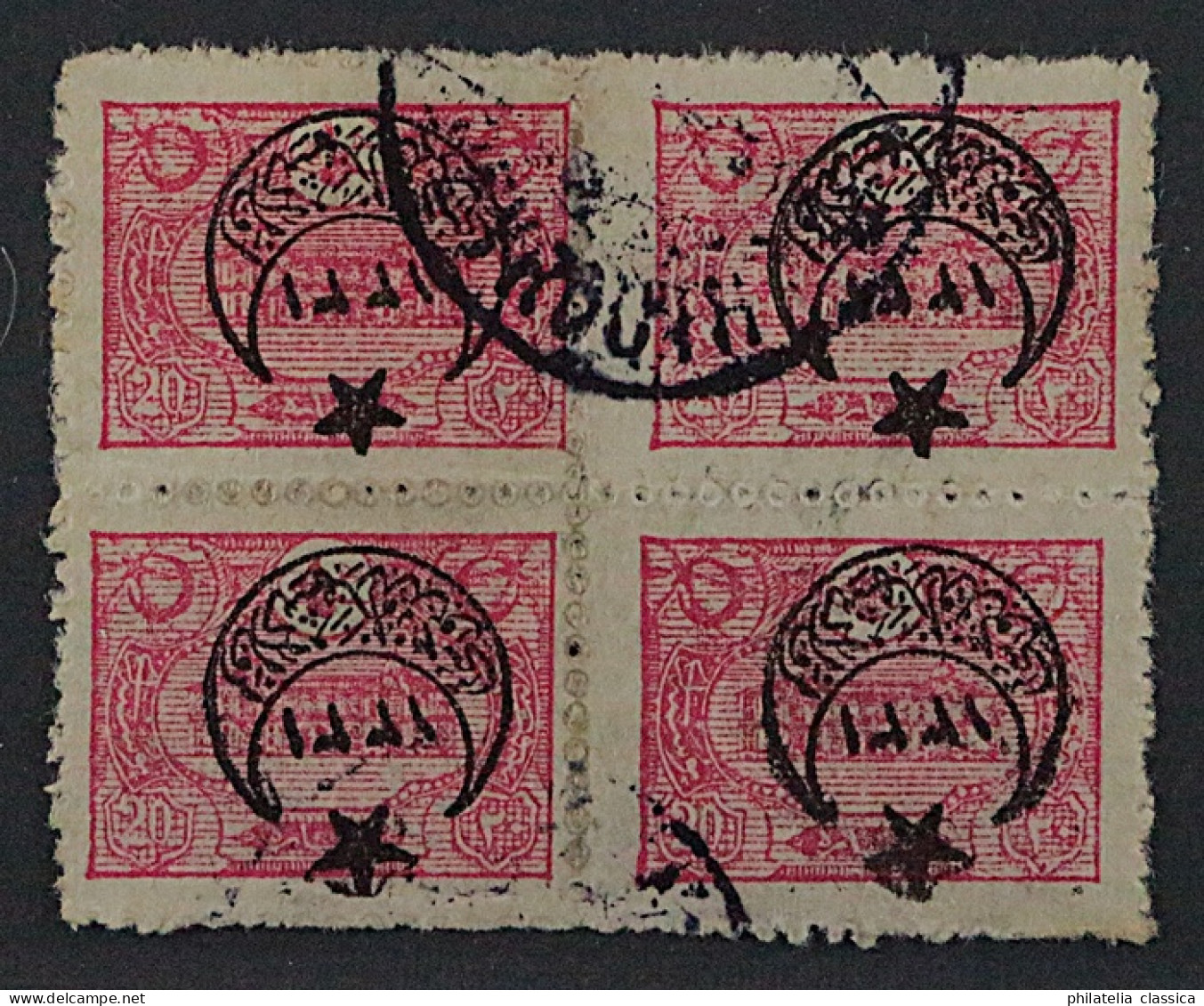 1916, TÜRKEI 375 K, Kriegswaisen VIERERBLOCK 20 Pa.Aufdruck KOPFSTEHEND, Geprüft - Oblitérés